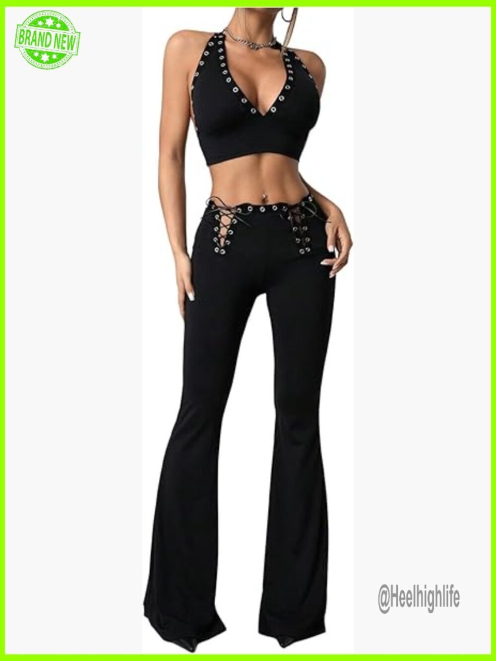 Y2K Grunge Halter Top & Flared Leg Pants Set Women's 2PC